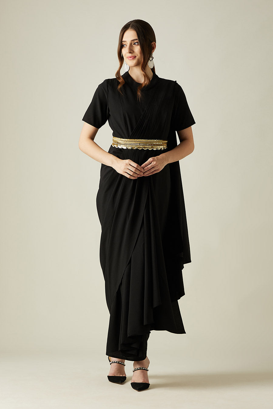 Black Pleated Saree Dress With Molten Gold Belt