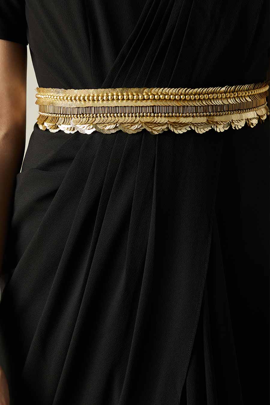Black Pleated Saree Dress With Molten Gold Belt