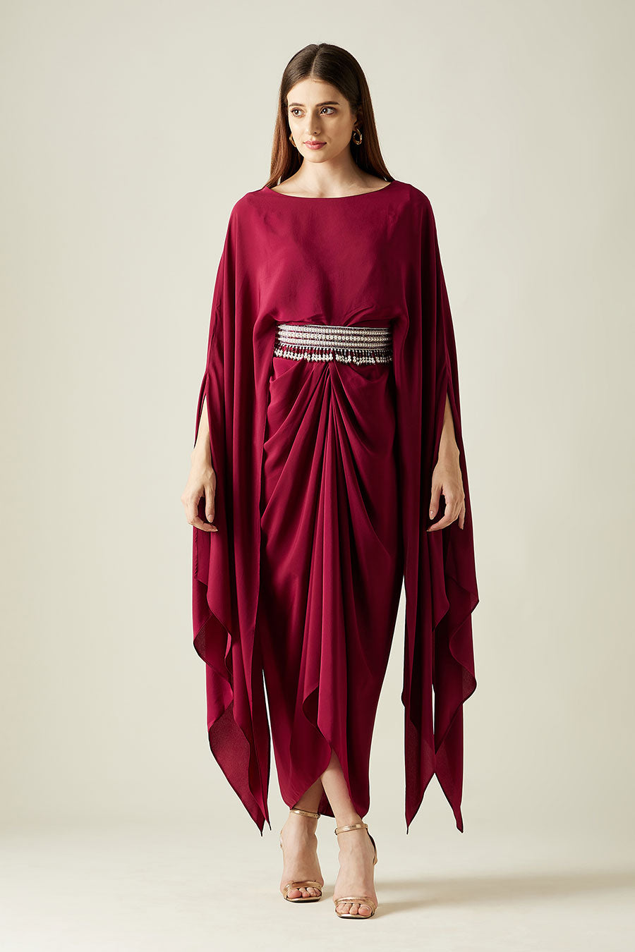 Wine Ruby Ocean Drape Dress With Belt