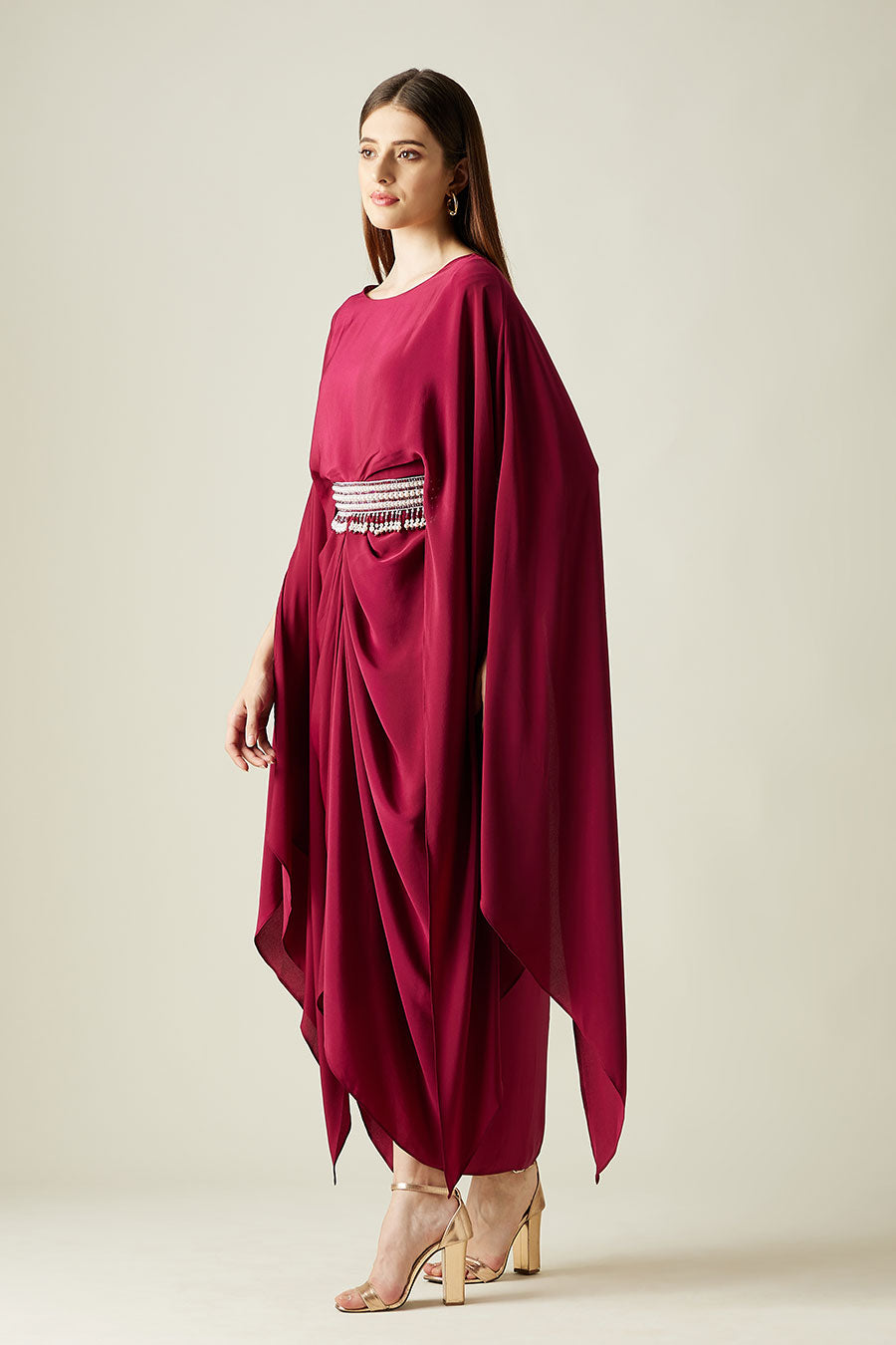 Wine Ruby Ocean Drape Dress With Belt