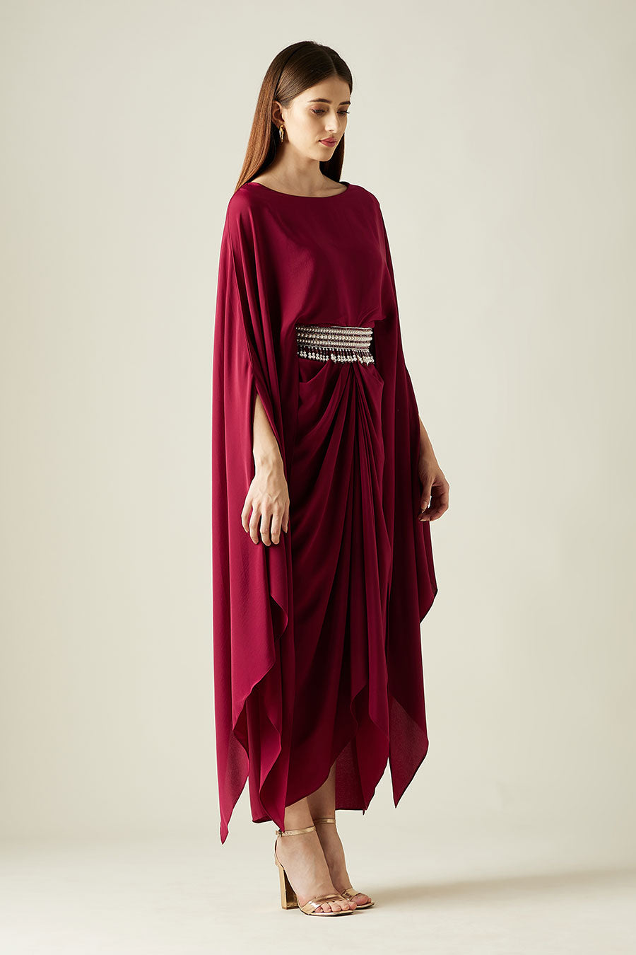 Wine Ruby Ocean Drape Dress With Belt