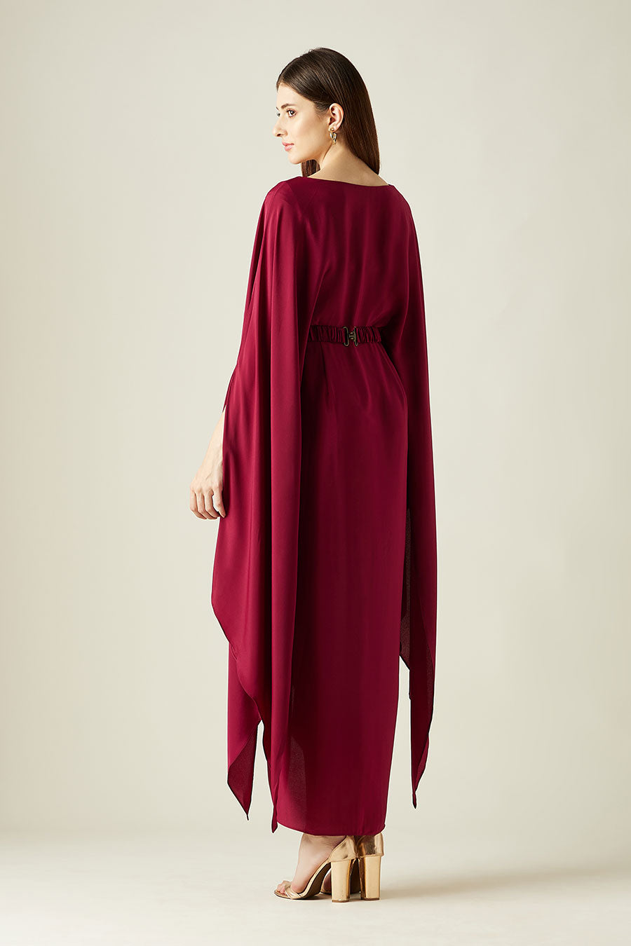 Wine Ruby Ocean Drape Dress With Belt