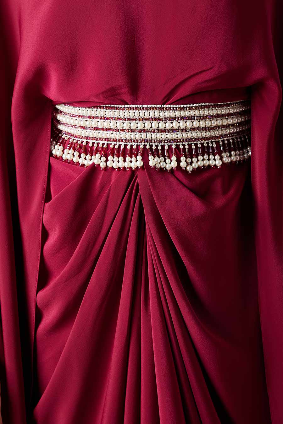 Wine Ruby Ocean Drape Dress With Belt