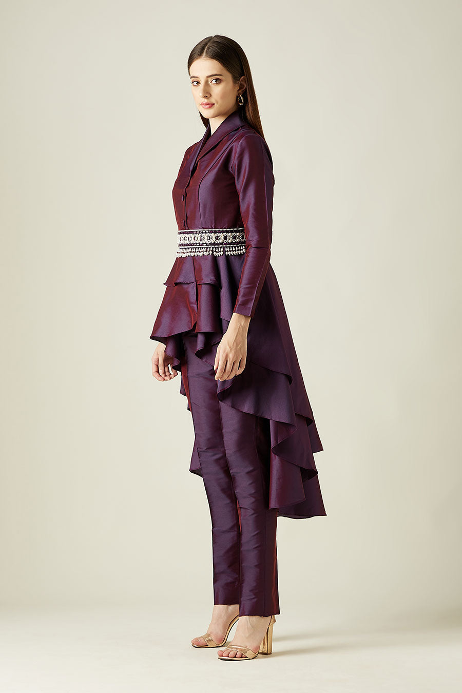 Purple Blazer Tunic Co-Ord Set With Crystal Belt