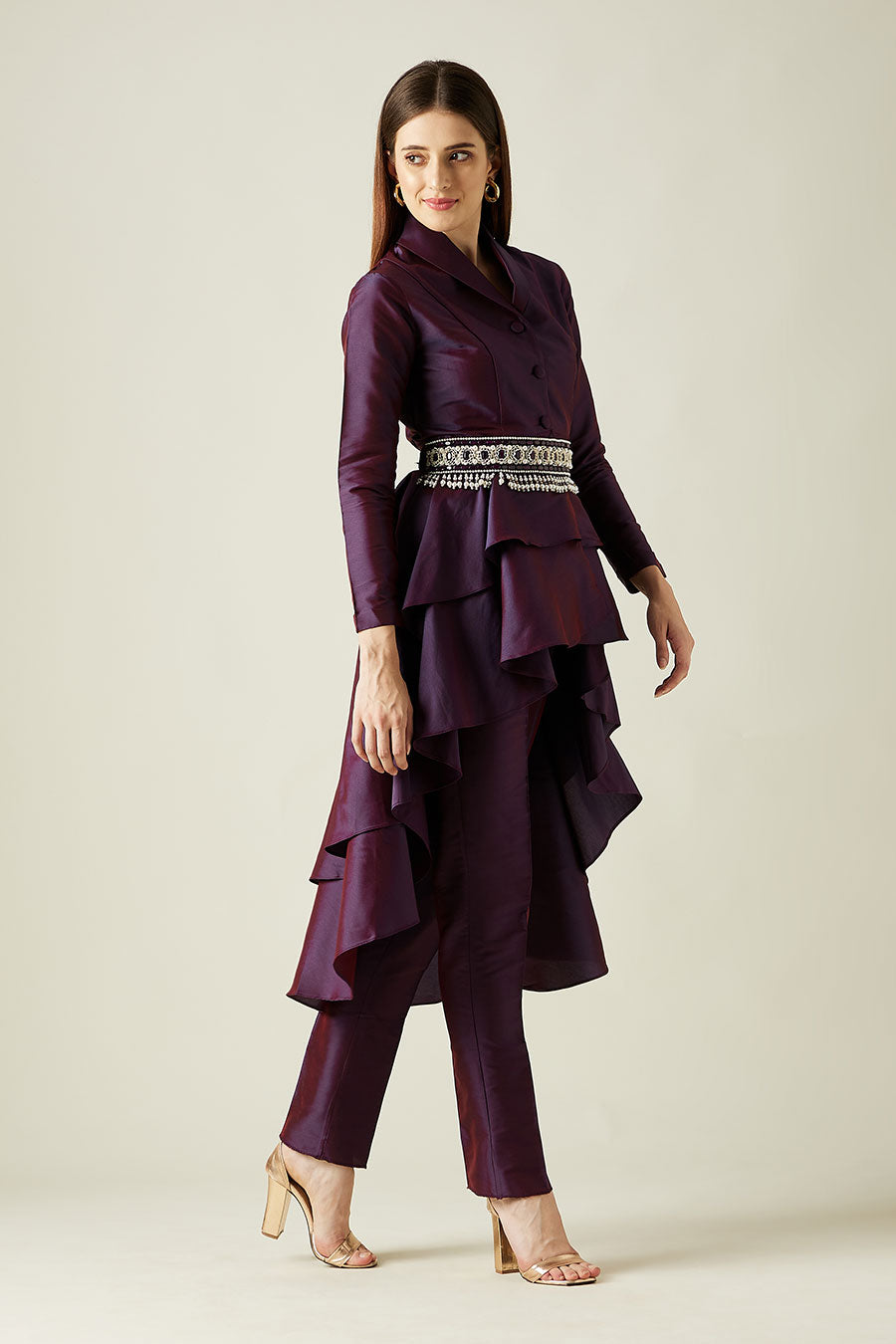 Purple Blazer Tunic Co-Ord Set With Crystal Belt
