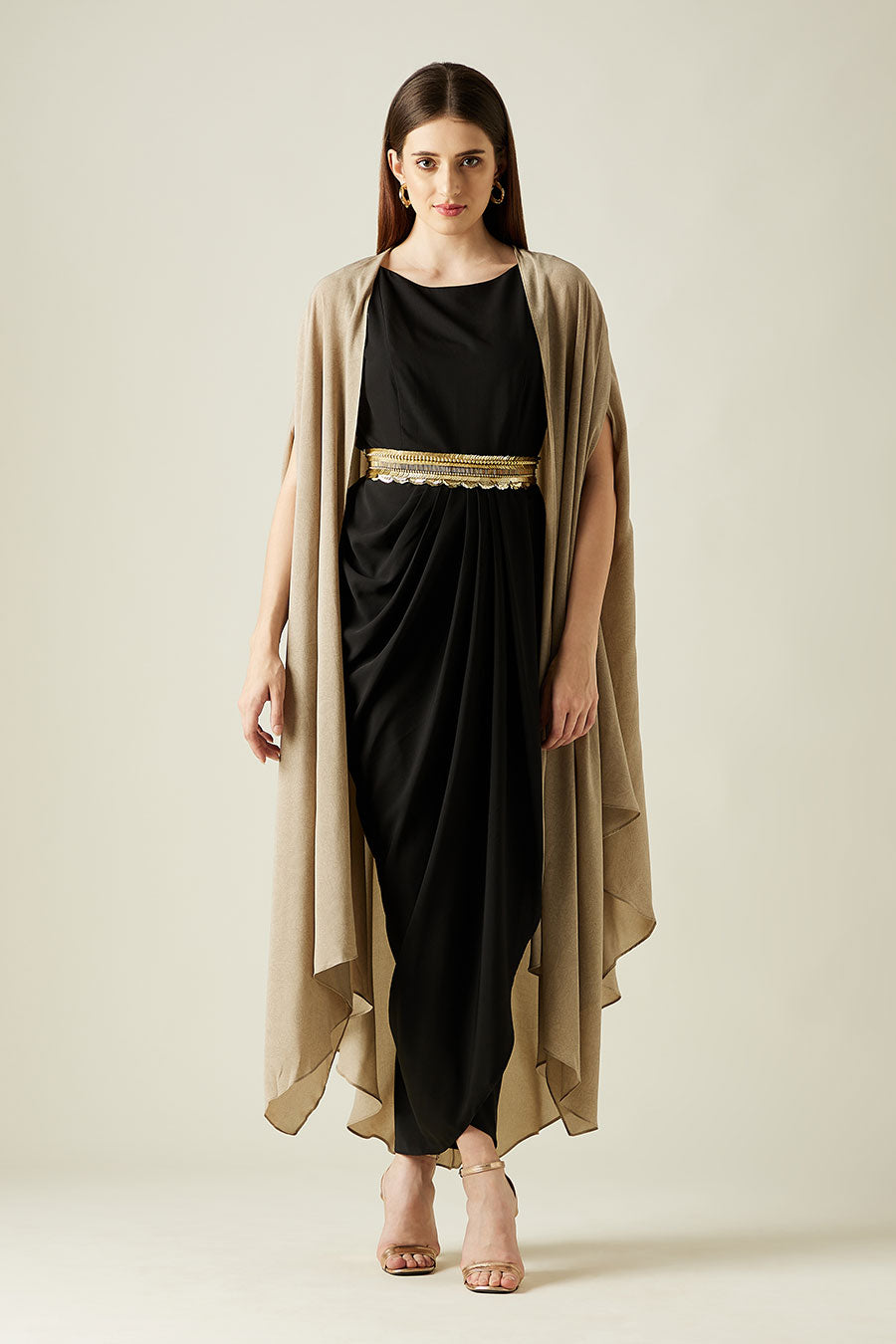 Black Drape Dress & Fawn Cape Set With Belt