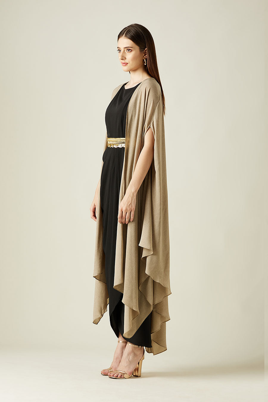 Black Drape Dress & Fawn Cape Set With Belt