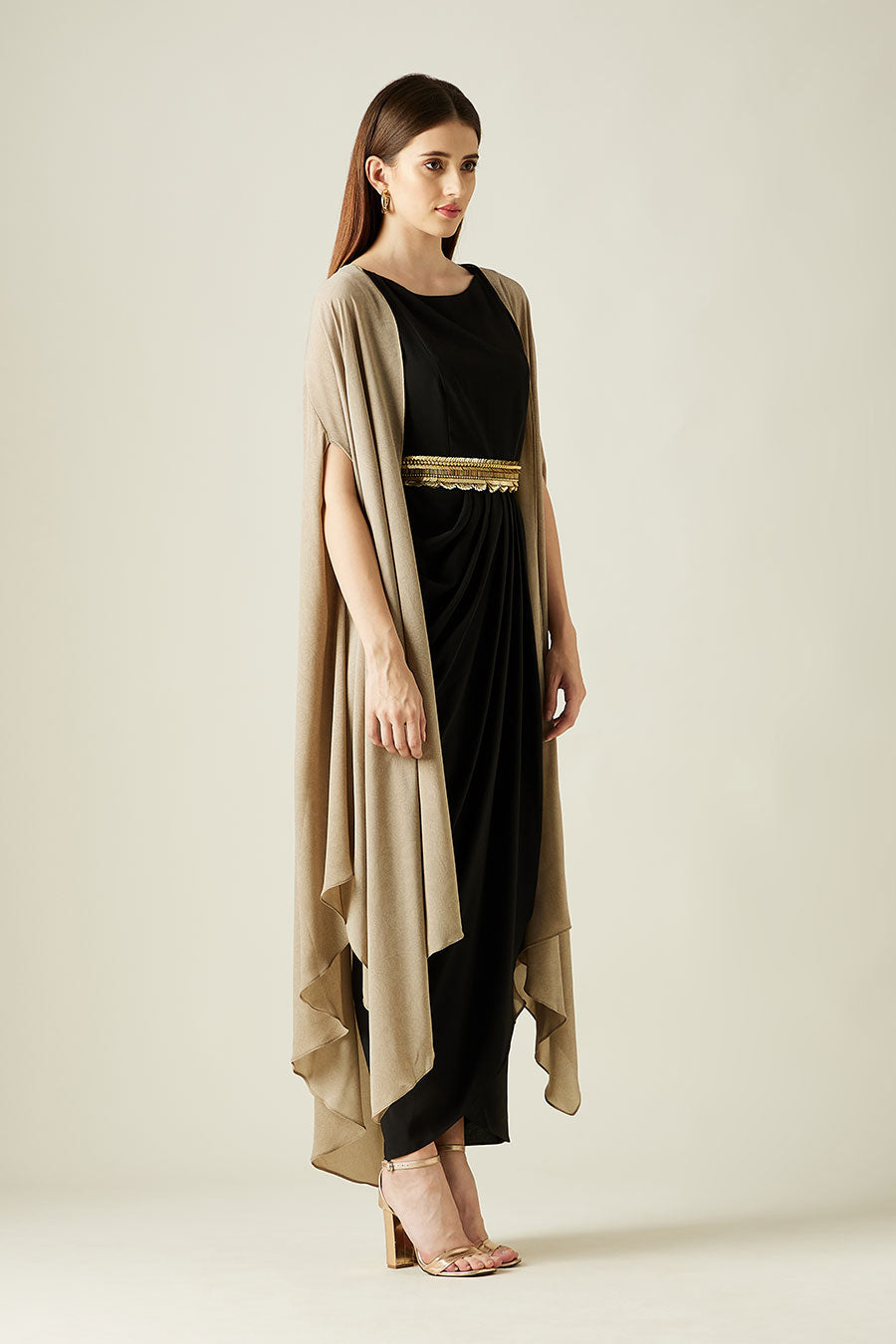 Black Drape Dress & Fawn Cape Set With Belt