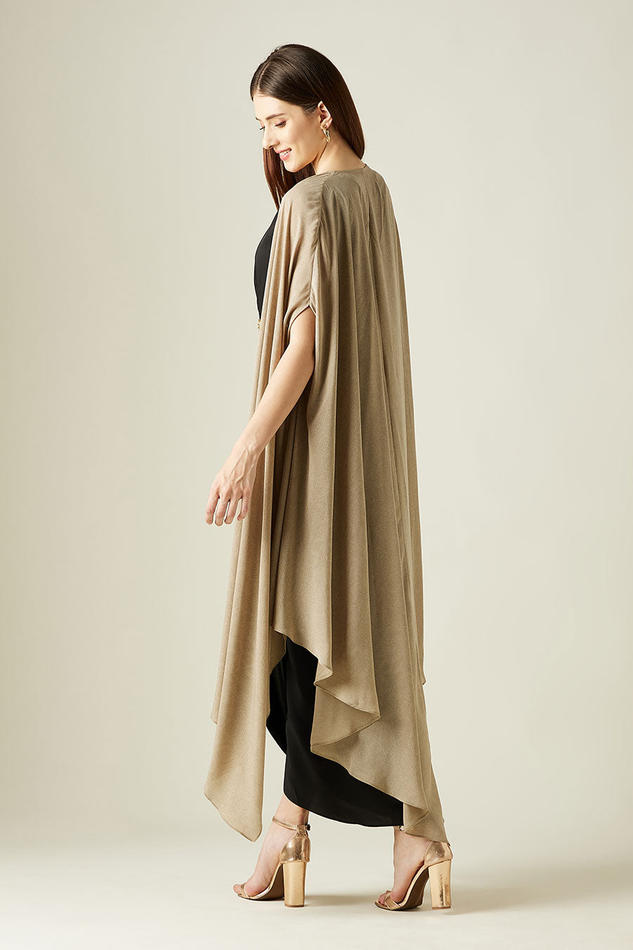 Black Drape Dress & Fawn Cape Set With Belt