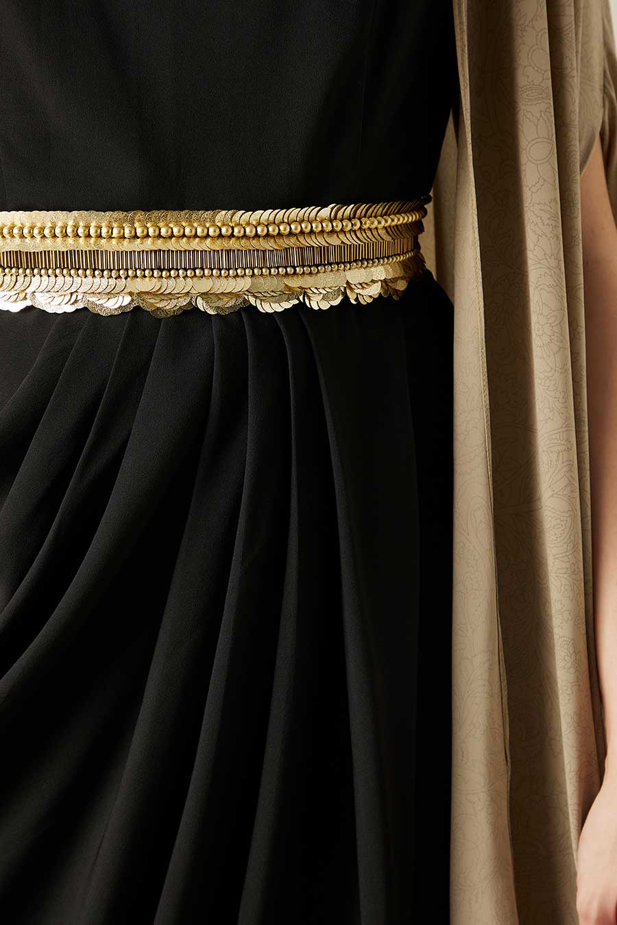 Black Drape Dress & Fawn Cape Set With Belt