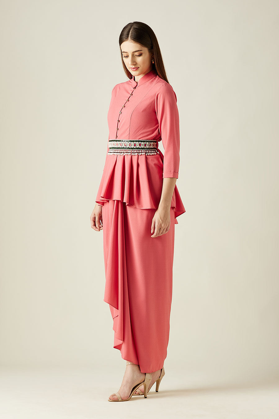 Coral Peplum Co-Ord Set With Embellished Belt