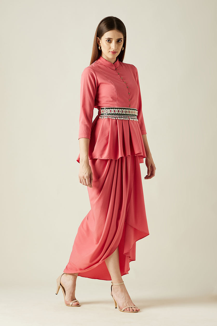 Coral Peplum Co-Ord Set With Embellished Belt