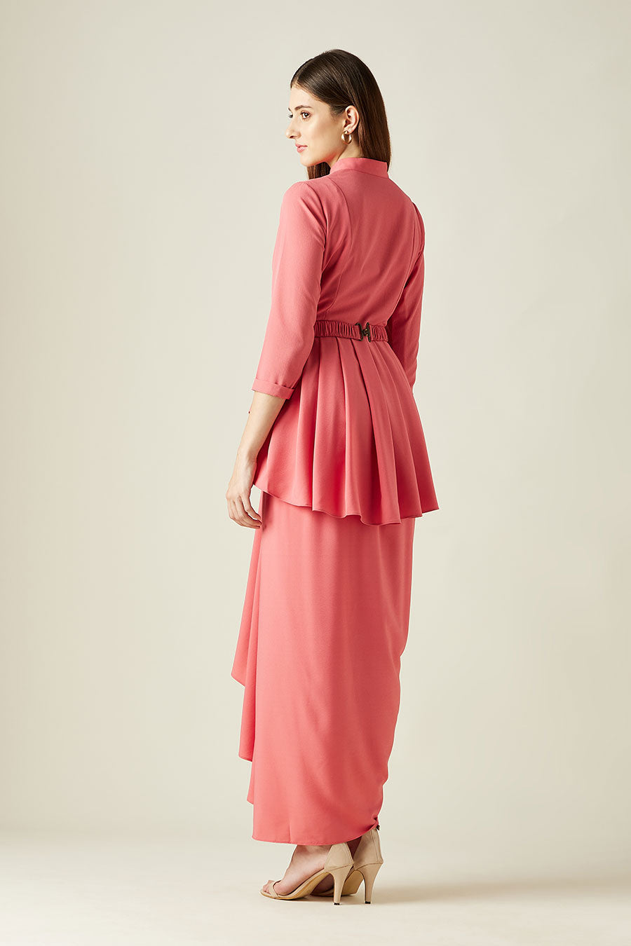 Coral Peplum Co-Ord Set With Embellished Belt