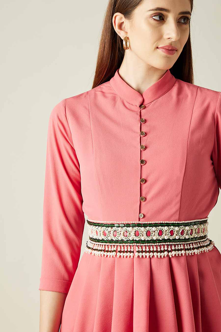 Coral Peplum Co-Ord Set With Embellished Belt