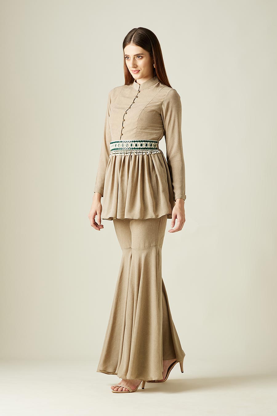 Fawn Sharara Co-Ord Set With Embellsihed Belt
