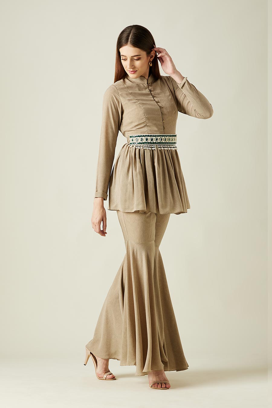 Fawn Sharara Co-Ord Set With Embellsihed Belt