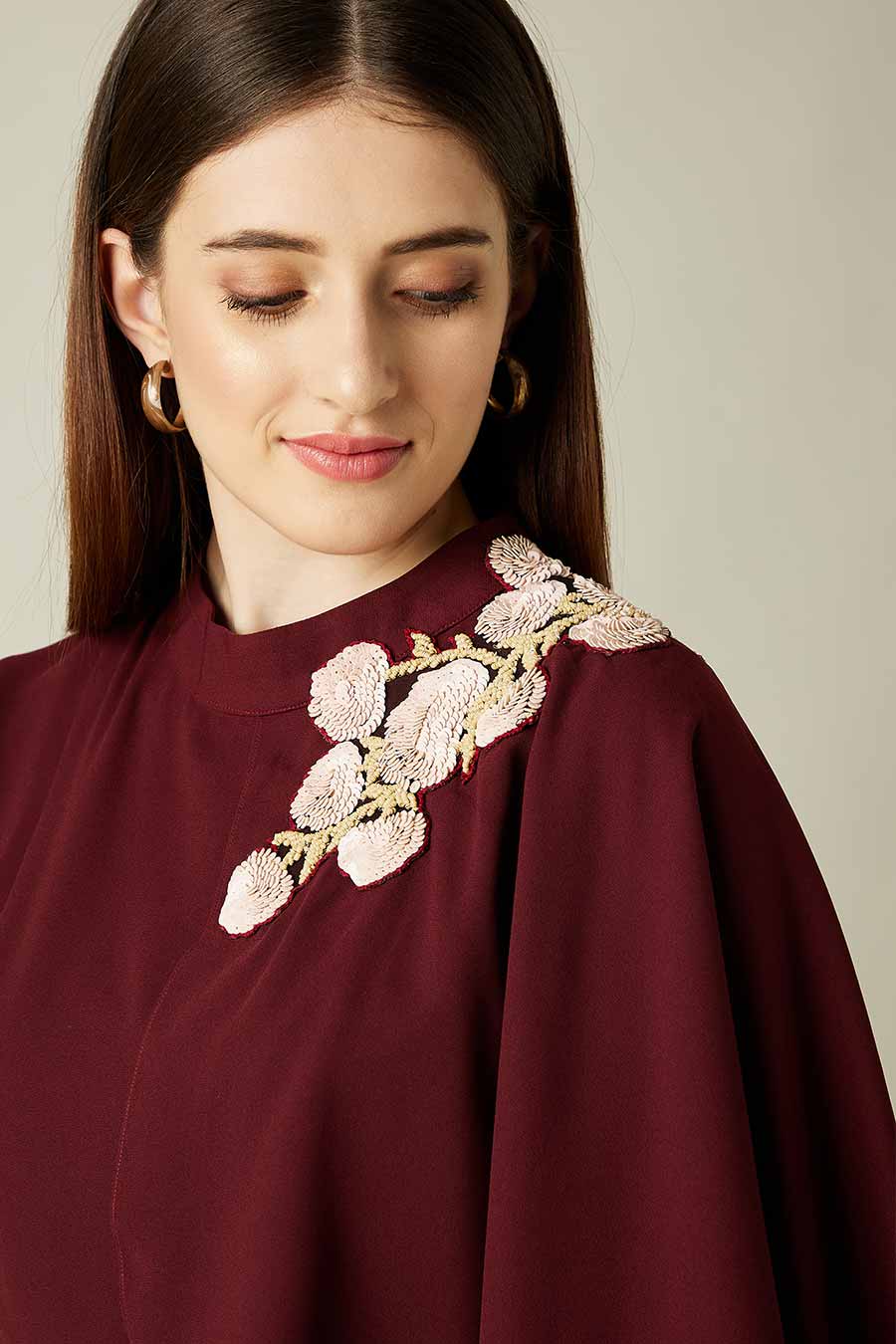 Wine Floral Embroidered Drape Dress