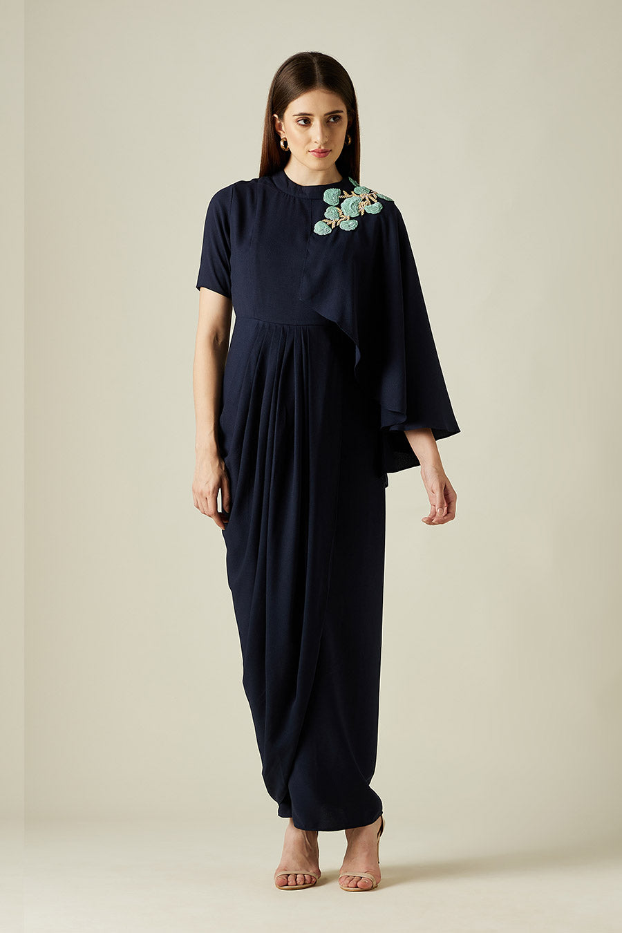 Navy Floral Embroidered Drape Dress