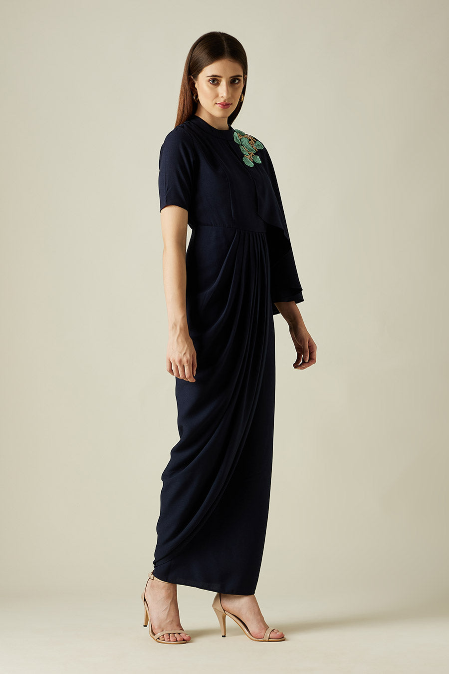 Navy Floral Embroidered Drape Dress