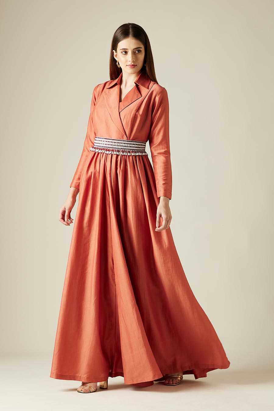 Mapel Orange Jumpsuit With Embellished Belt