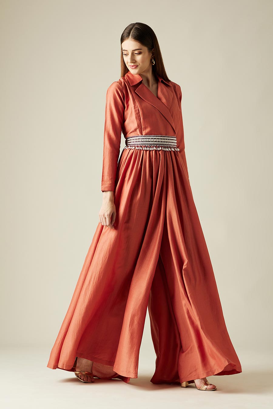 Shop Mapel Orange Jumpsuit With Embellished Belt by AAKAAR at