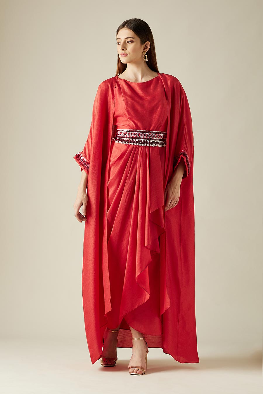 Scarlet Red Drape Dress & Cape Set