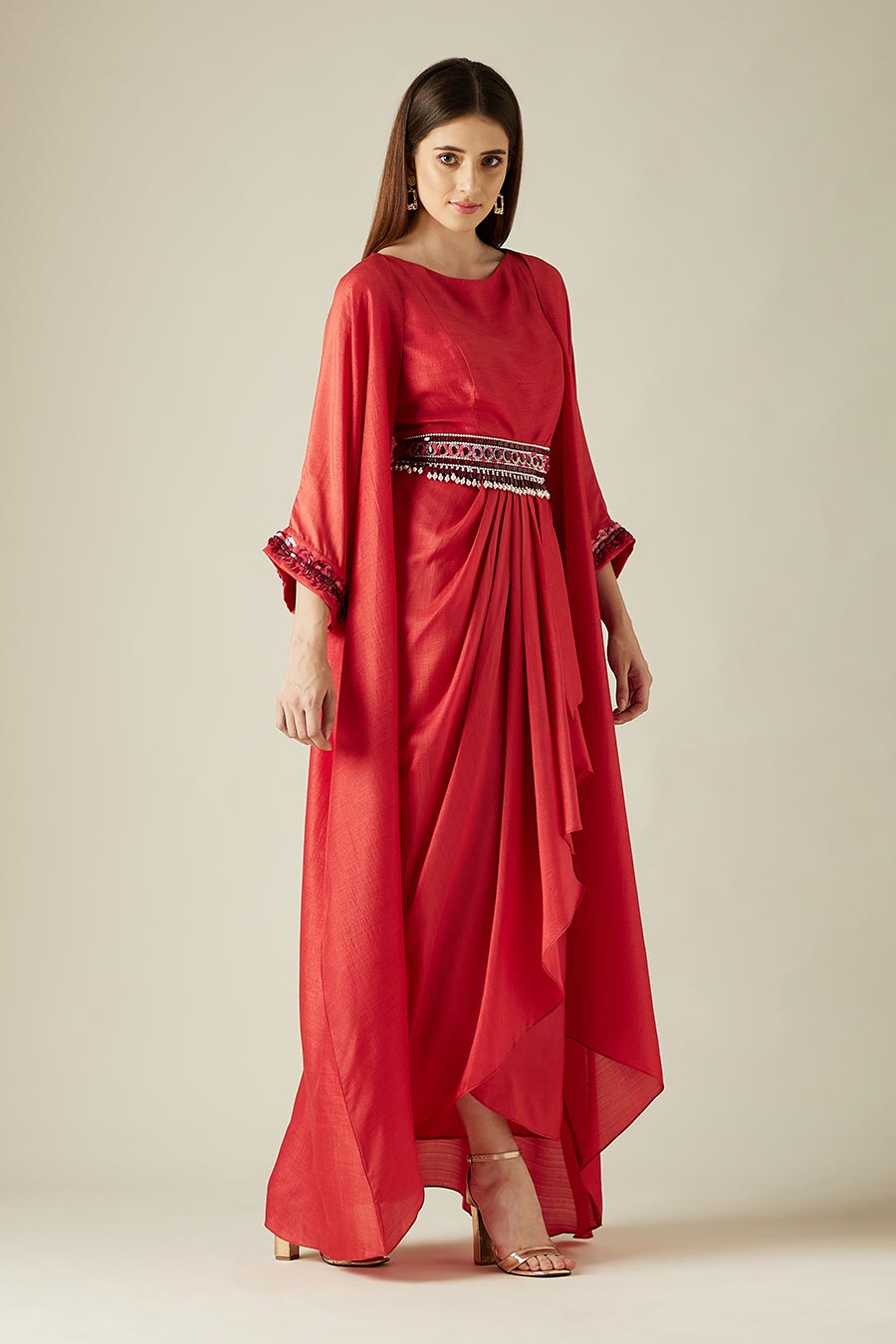 Scarlet Red Drape Dress & Cape Set