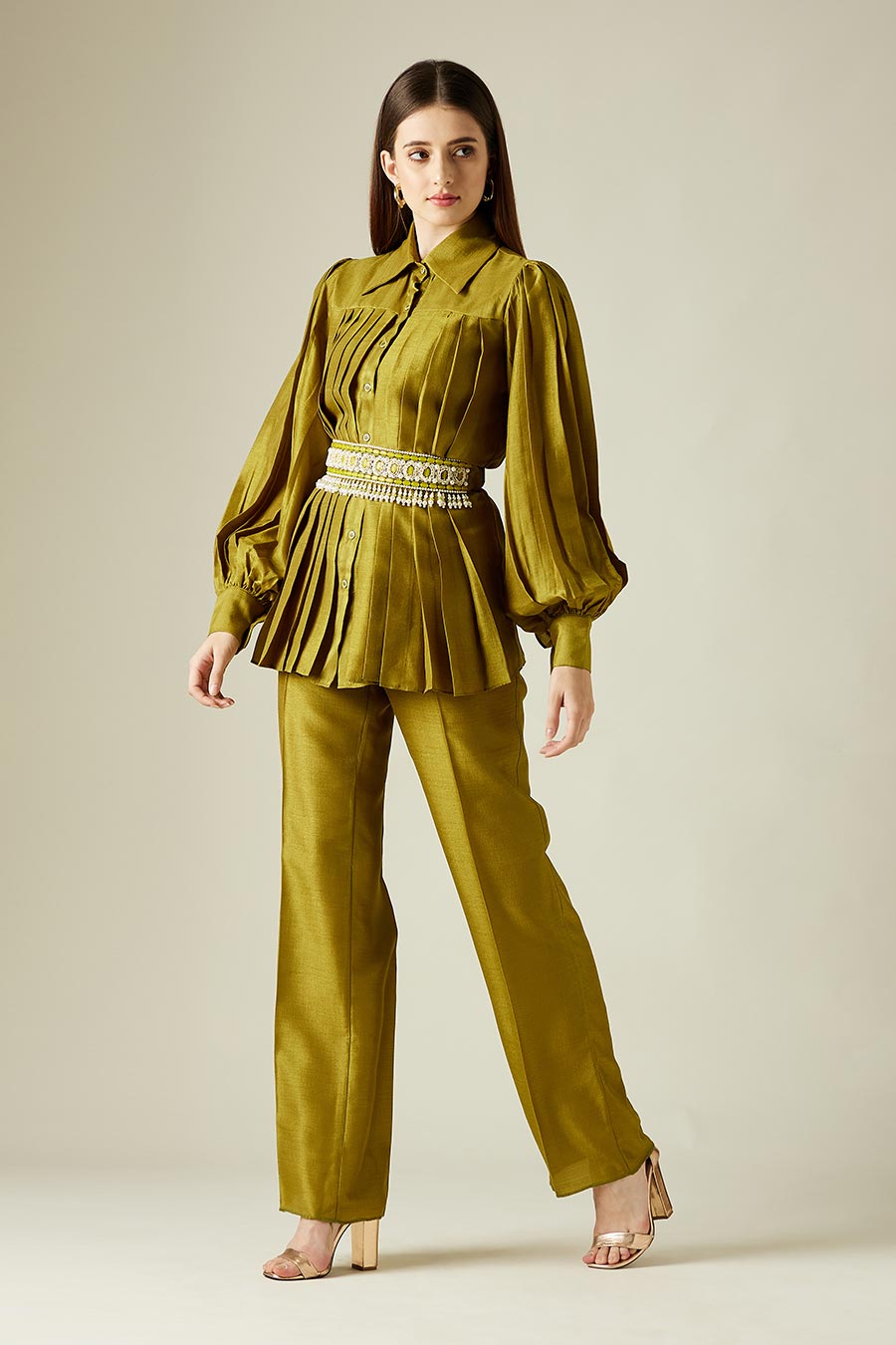 Olive Pleated Co-Ord Set With Embellished Belt