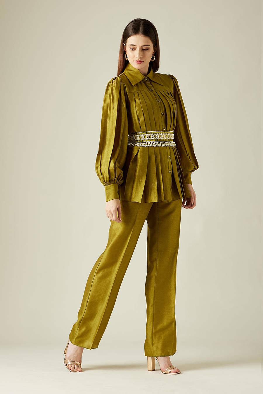 Olive Pleated Co-Ord Set With Embellished Belt