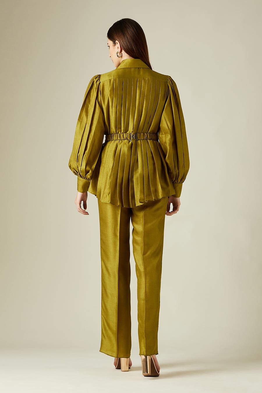 Olive Pleated Co-Ord Set With Embellished Belt