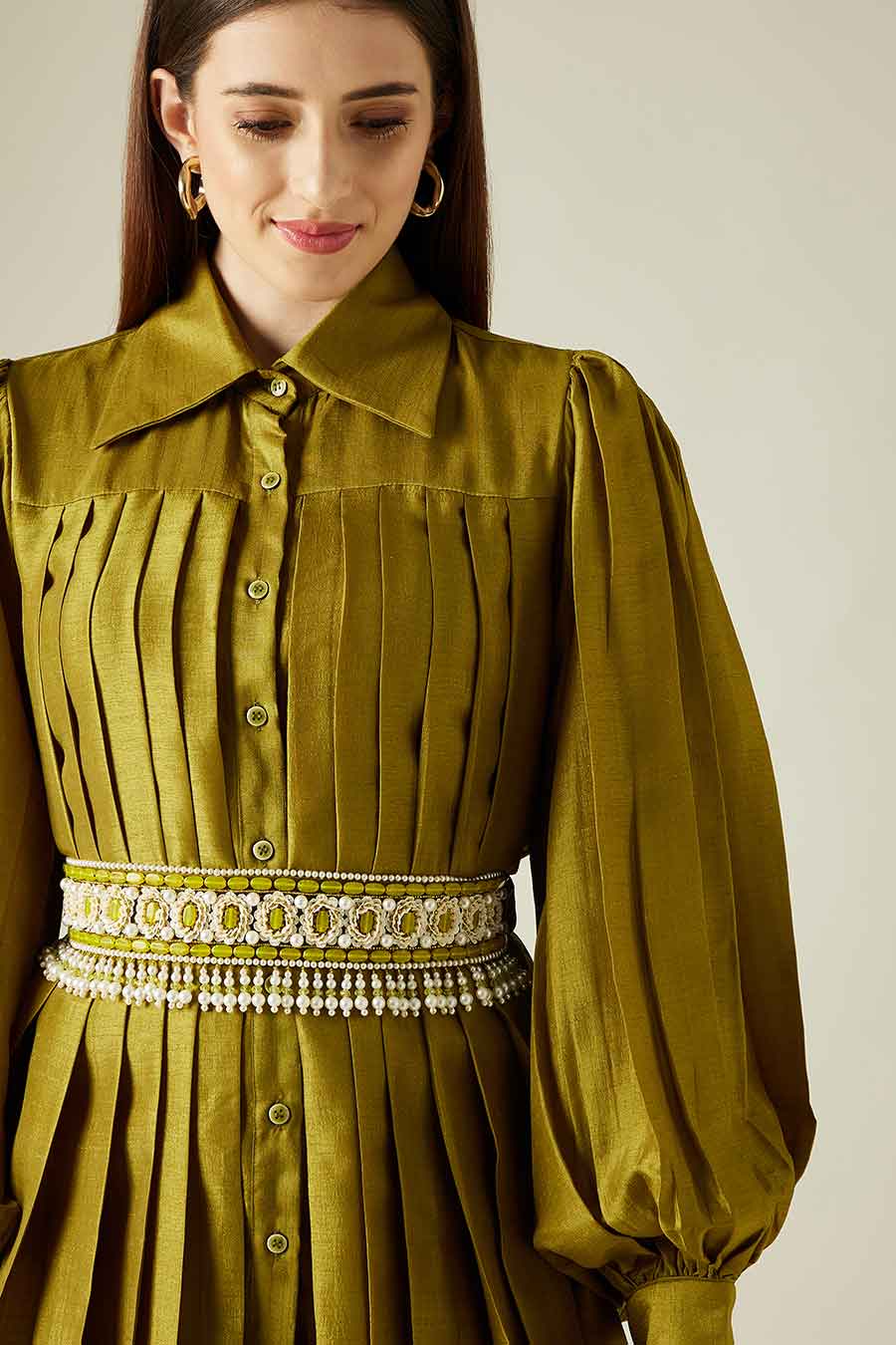 Olive Pleated Co-Ord Set With Embellished Belt