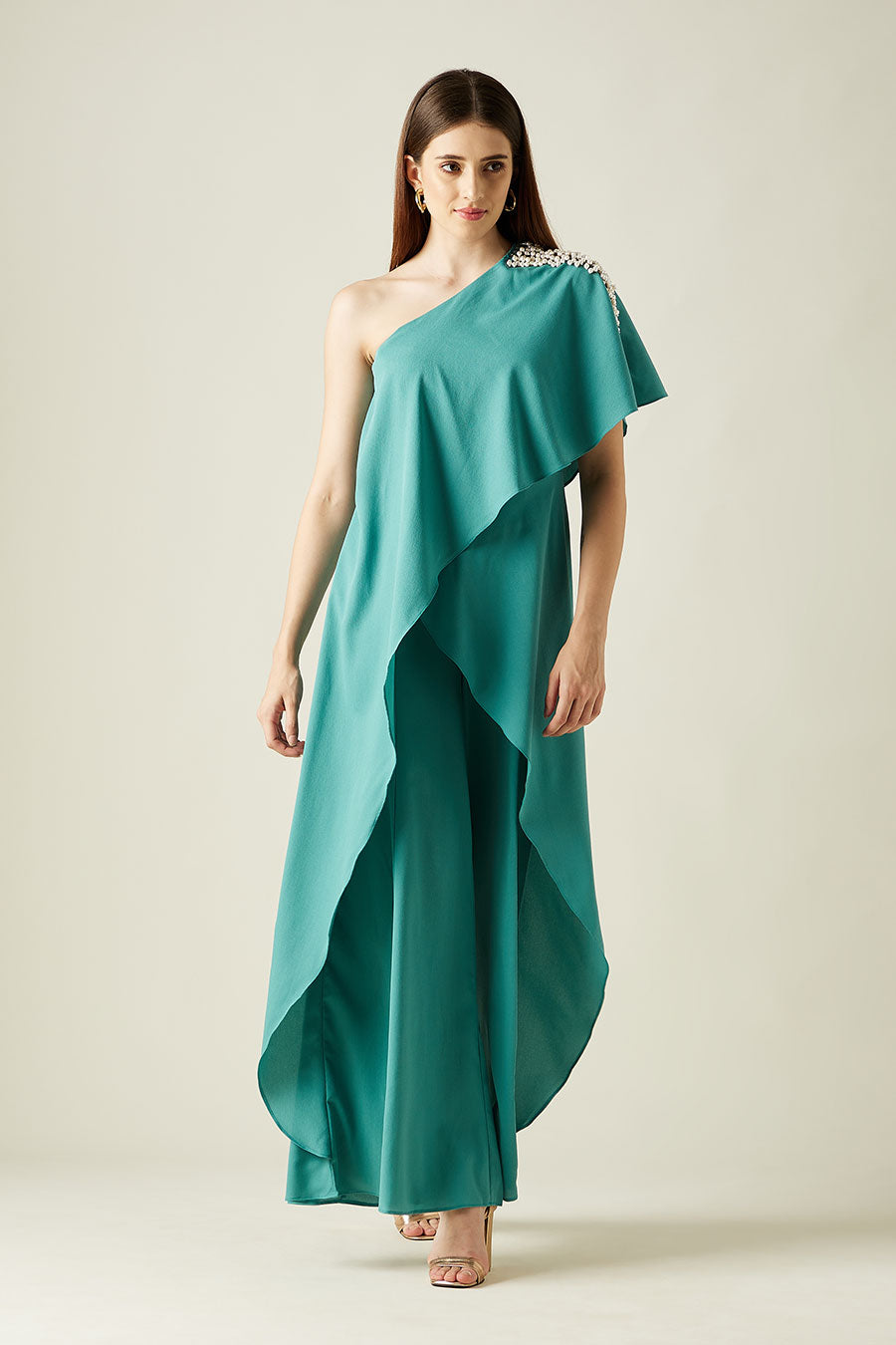 Pearl Embellished Sea Green Layered Jumpsuit
