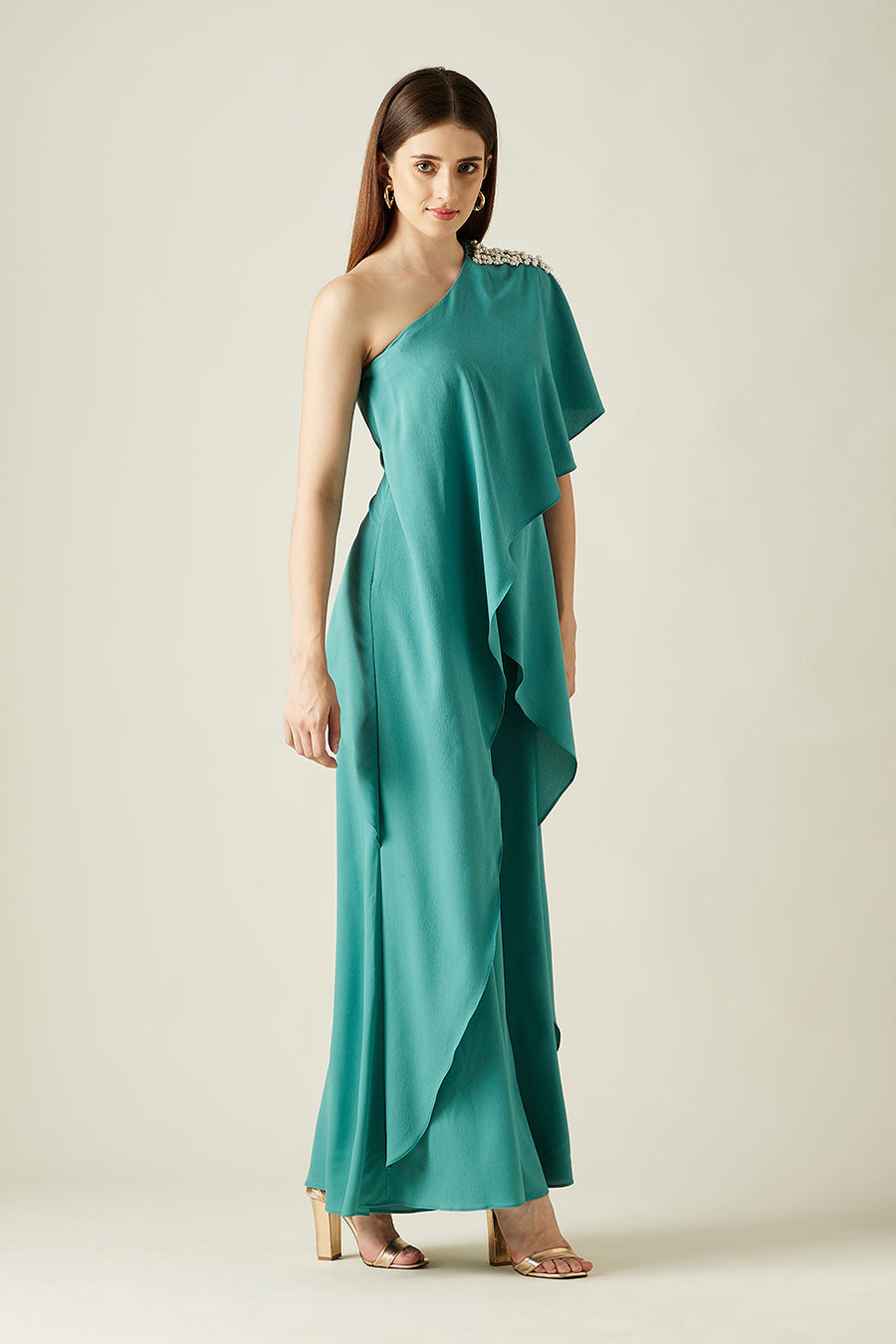 Pearl Embellished Sea Green Layered Jumpsuit