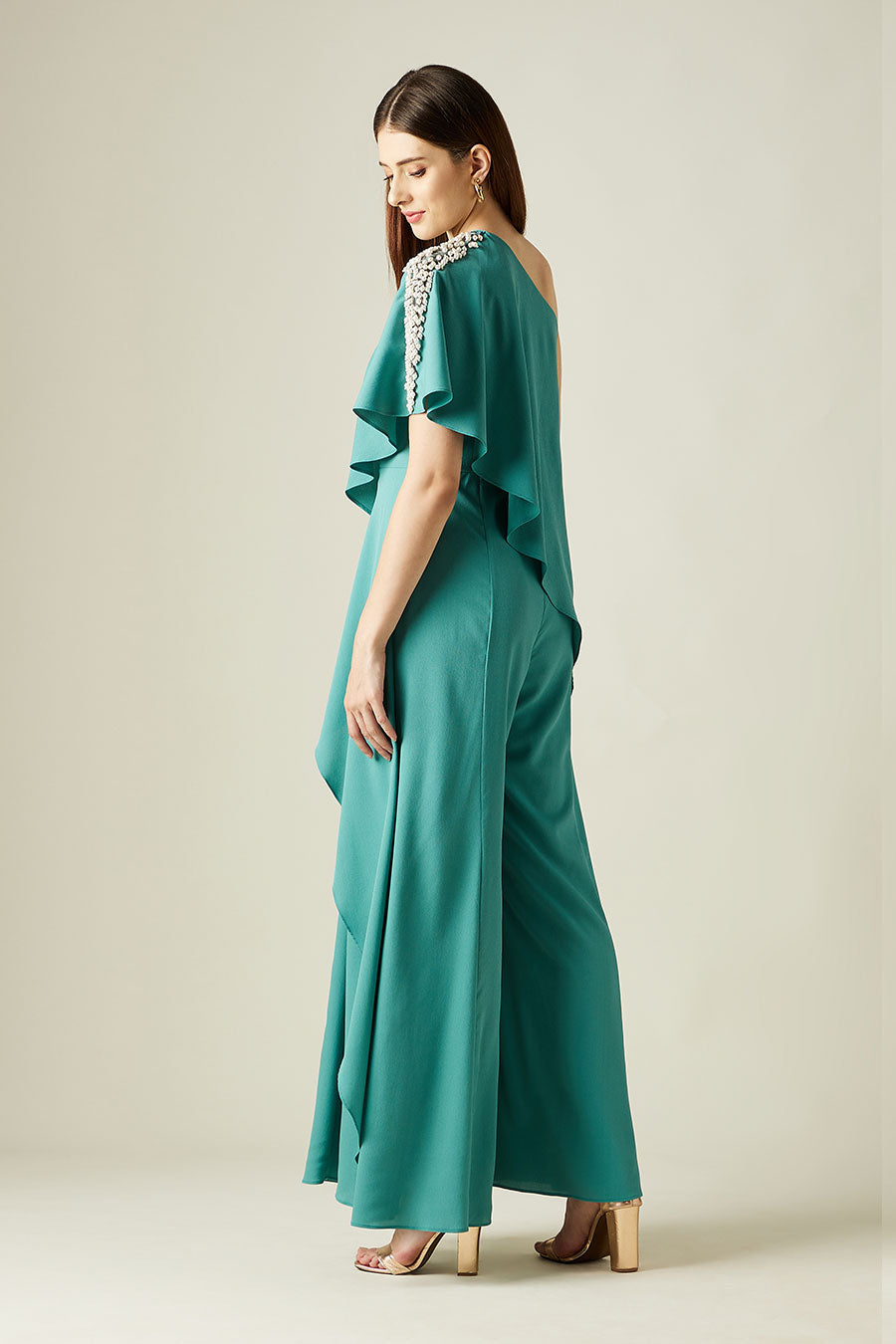 Pearl Embellished Sea Green Layered Jumpsuit
