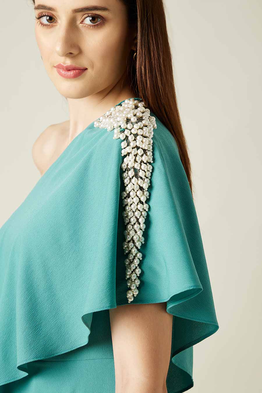 Pearl Embellished Sea Green Layered Jumpsuit