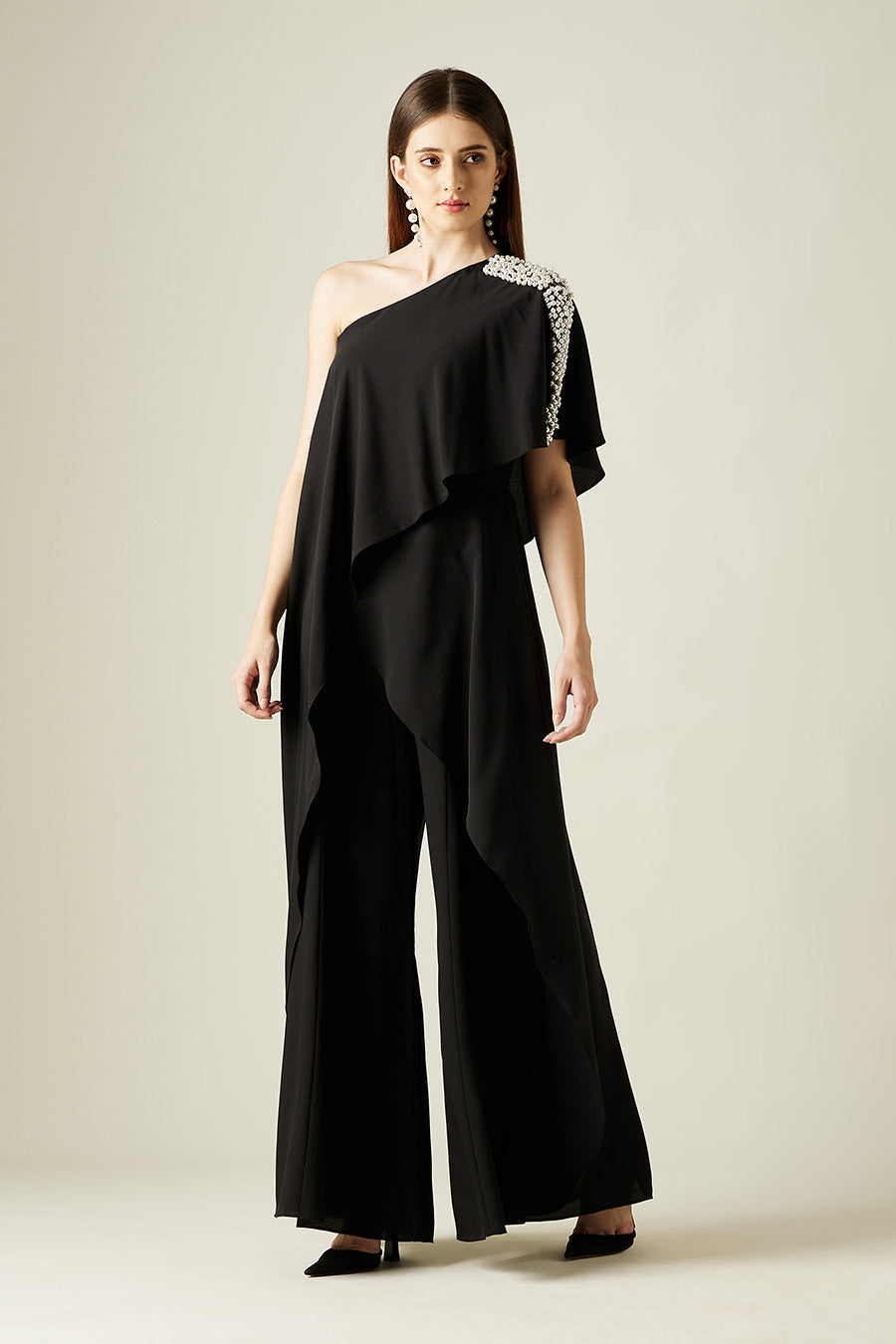 Pearl Embellished Black Layered Jumpsuit