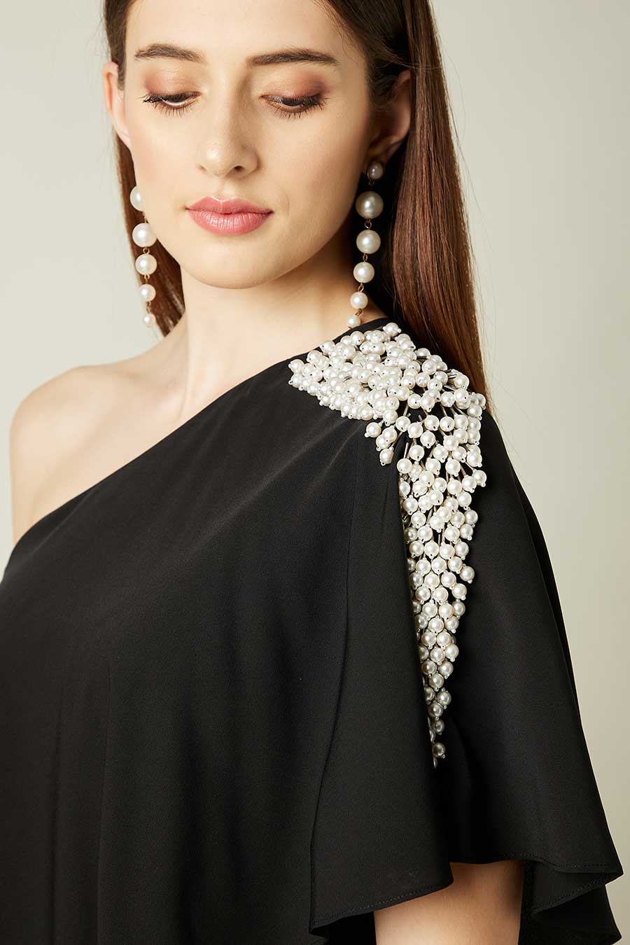 Pearl Embellished Black Layered Jumpsuit