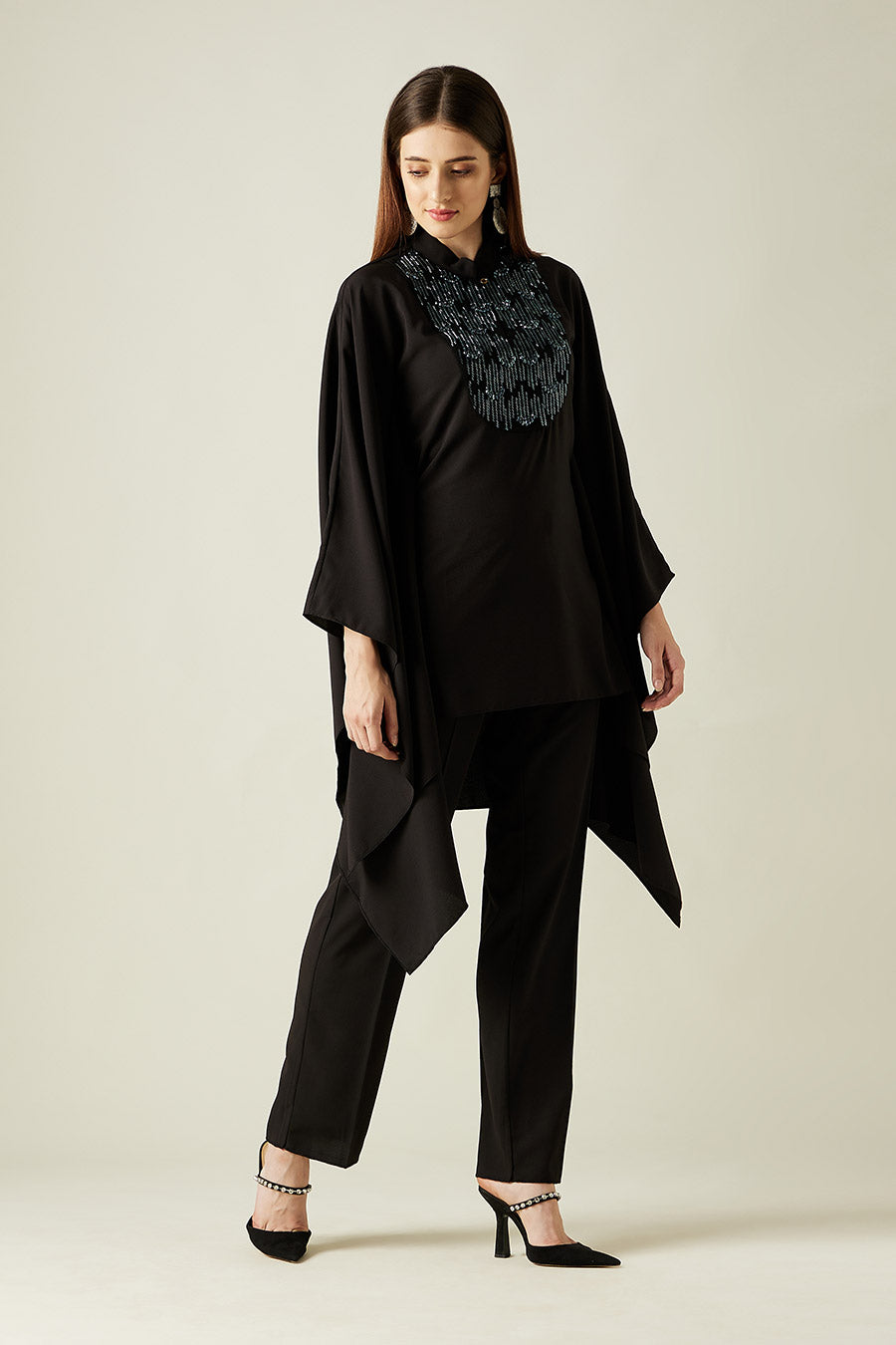 Black High-Low Embellished Kaftan Co-Ord Set