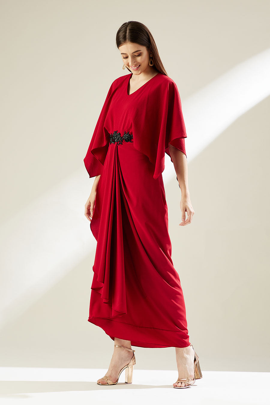 Crimson Red Embroidered Drape Dress