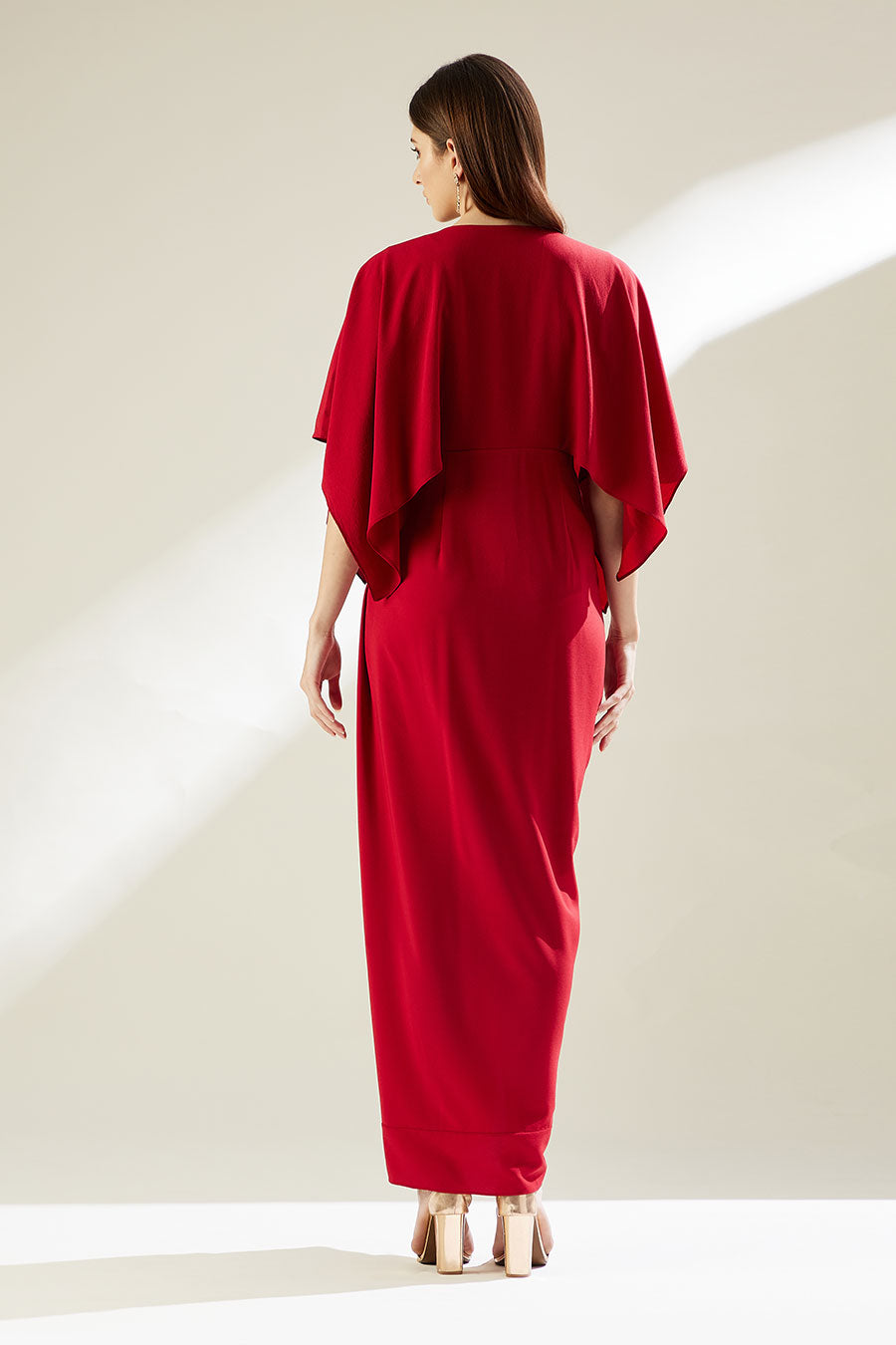 Shop Crimson Red Embroidered Drape Dress by AAKAAR at House of