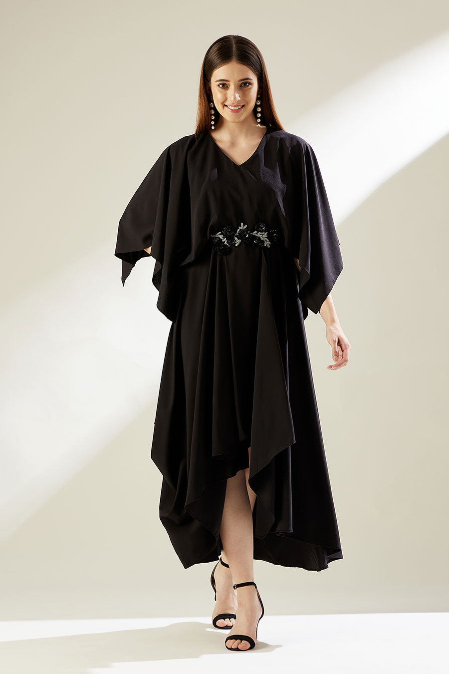 Sara Black Embroidered Drape Dress