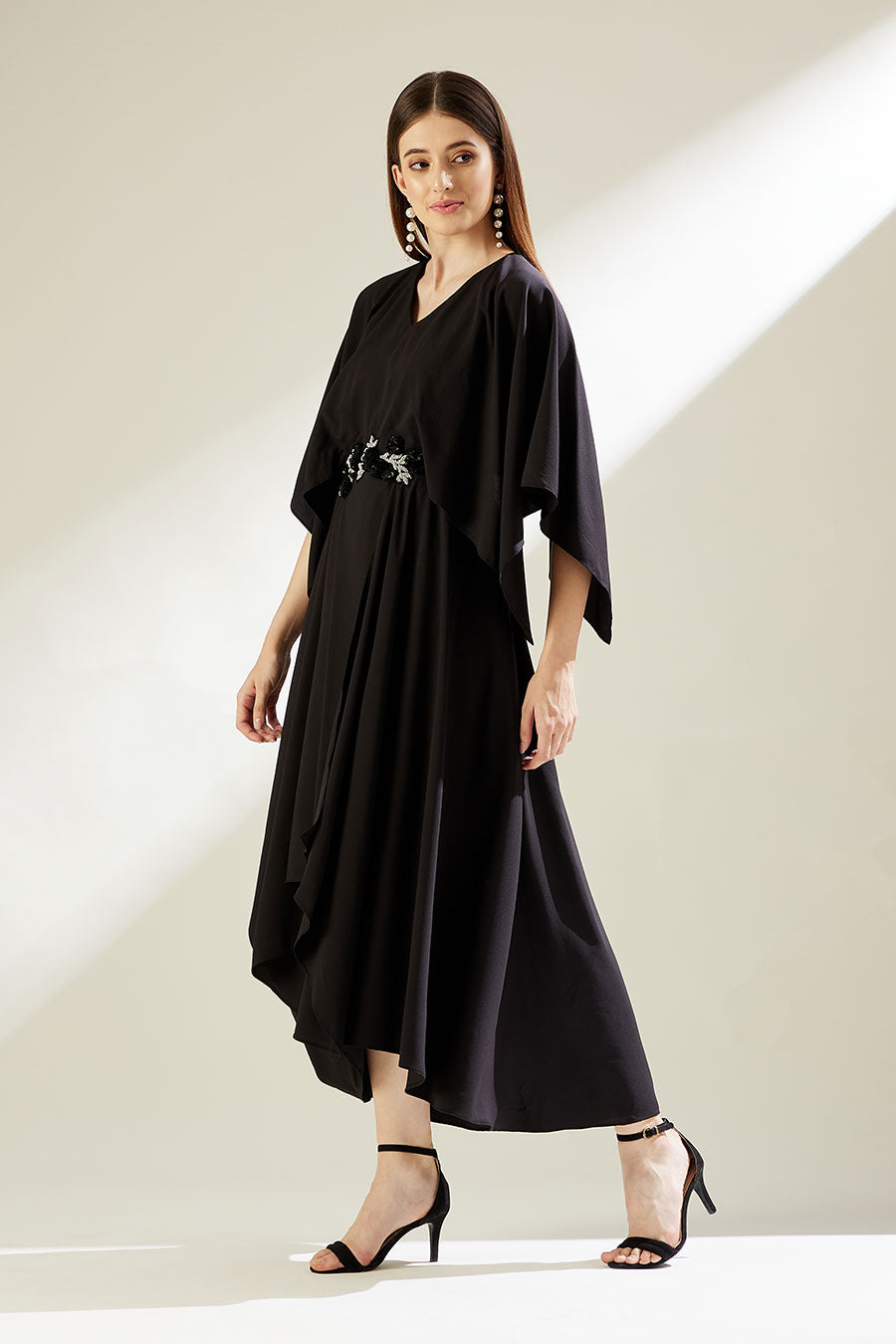 Sara Black Embroidered Drape Dress