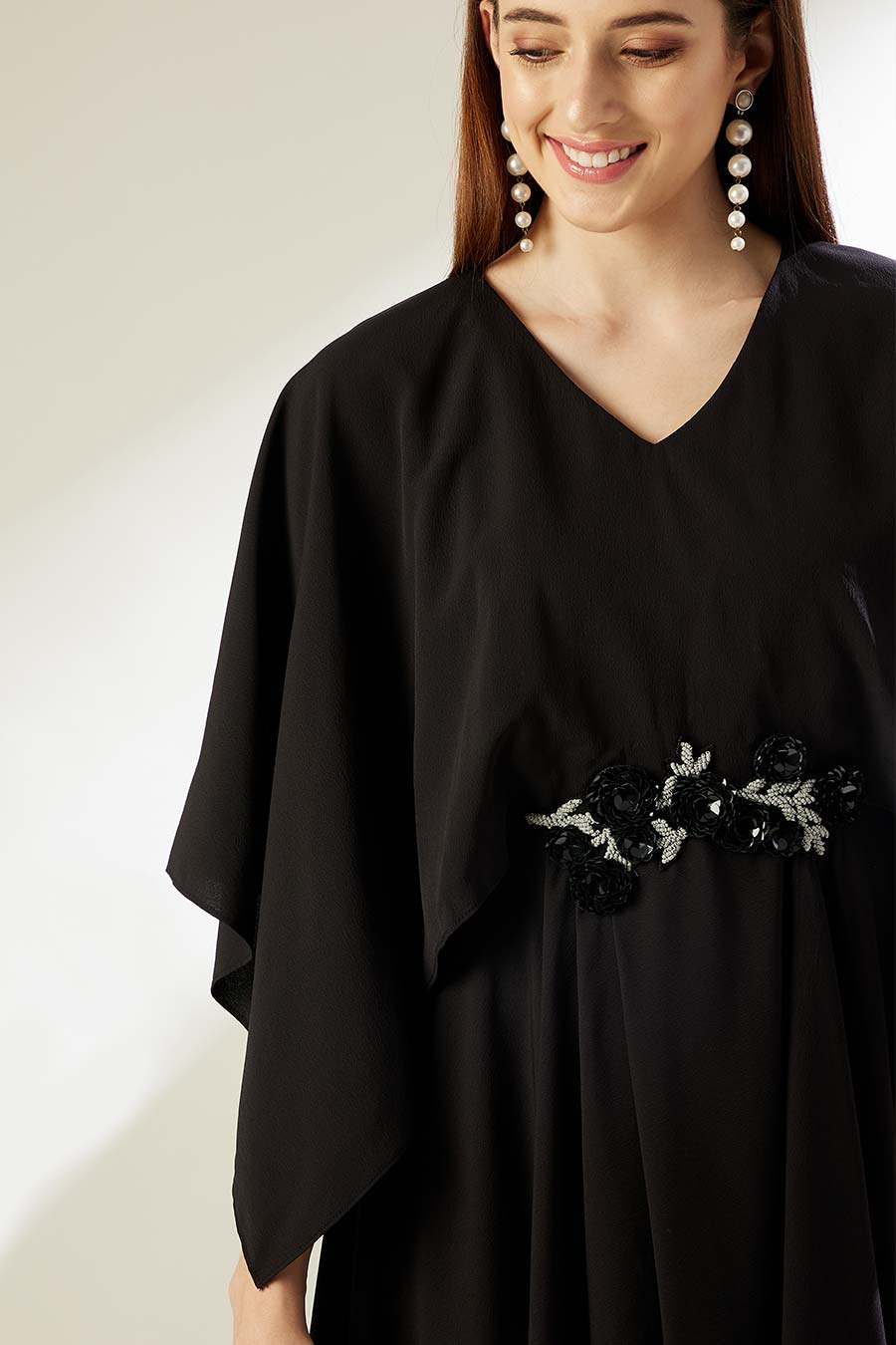 Sara Black Embroidered Drape Dress