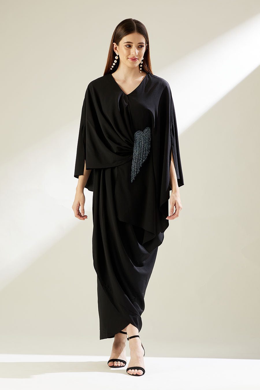 Black Crystal Fringe Embroidered Drape Dress