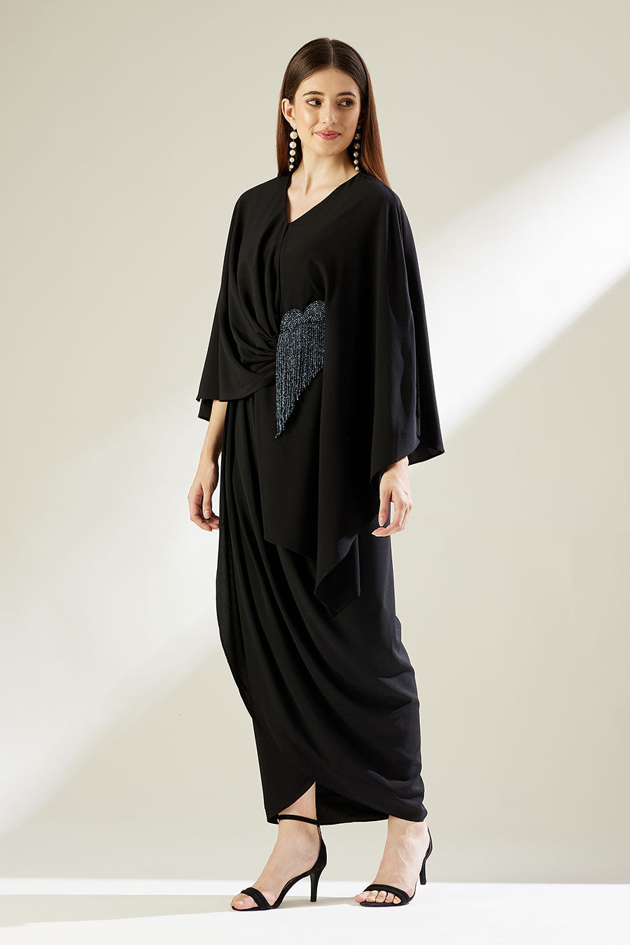 Black Crystal Fringe Embroidered Drape Dress