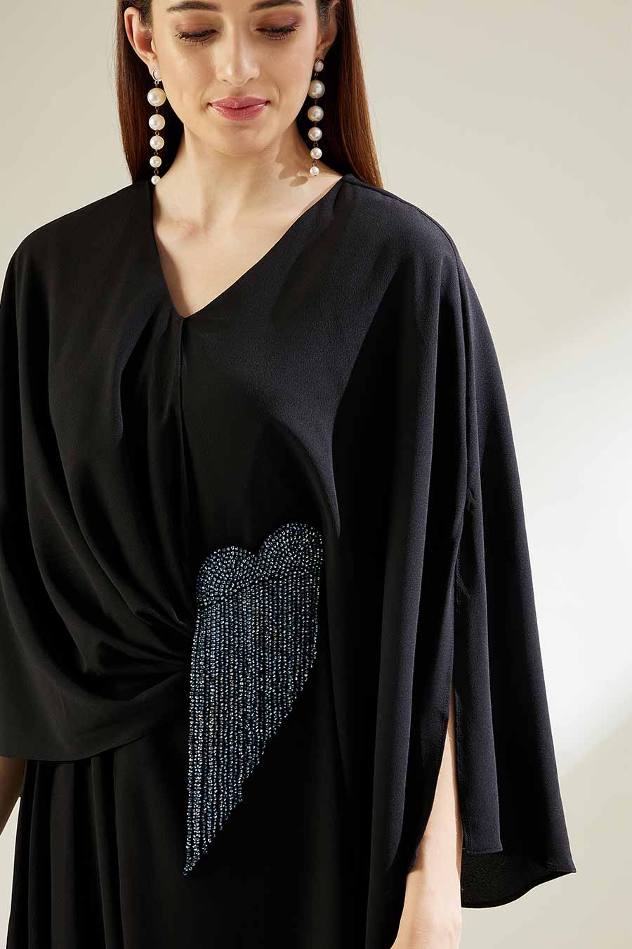 Black Crystal Fringe Embroidered Drape Dress