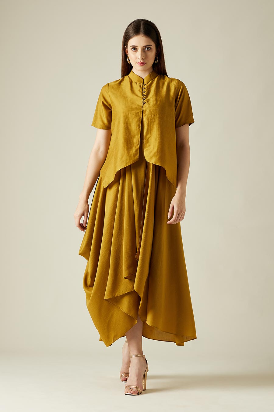 Mustard Cotton Silk Lounge Drape Dress