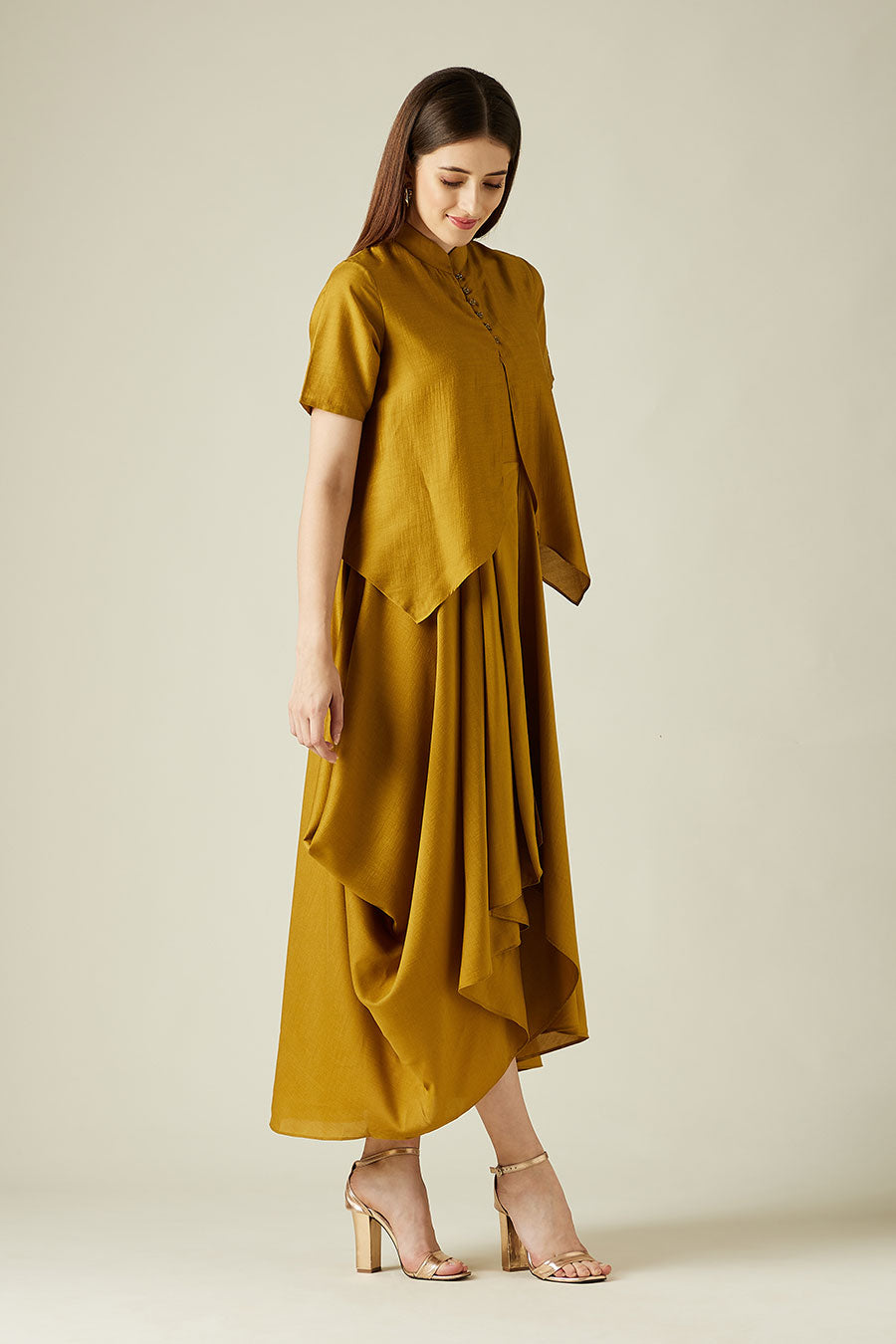 Mustard Cotton Silk Lounge Drape Dress