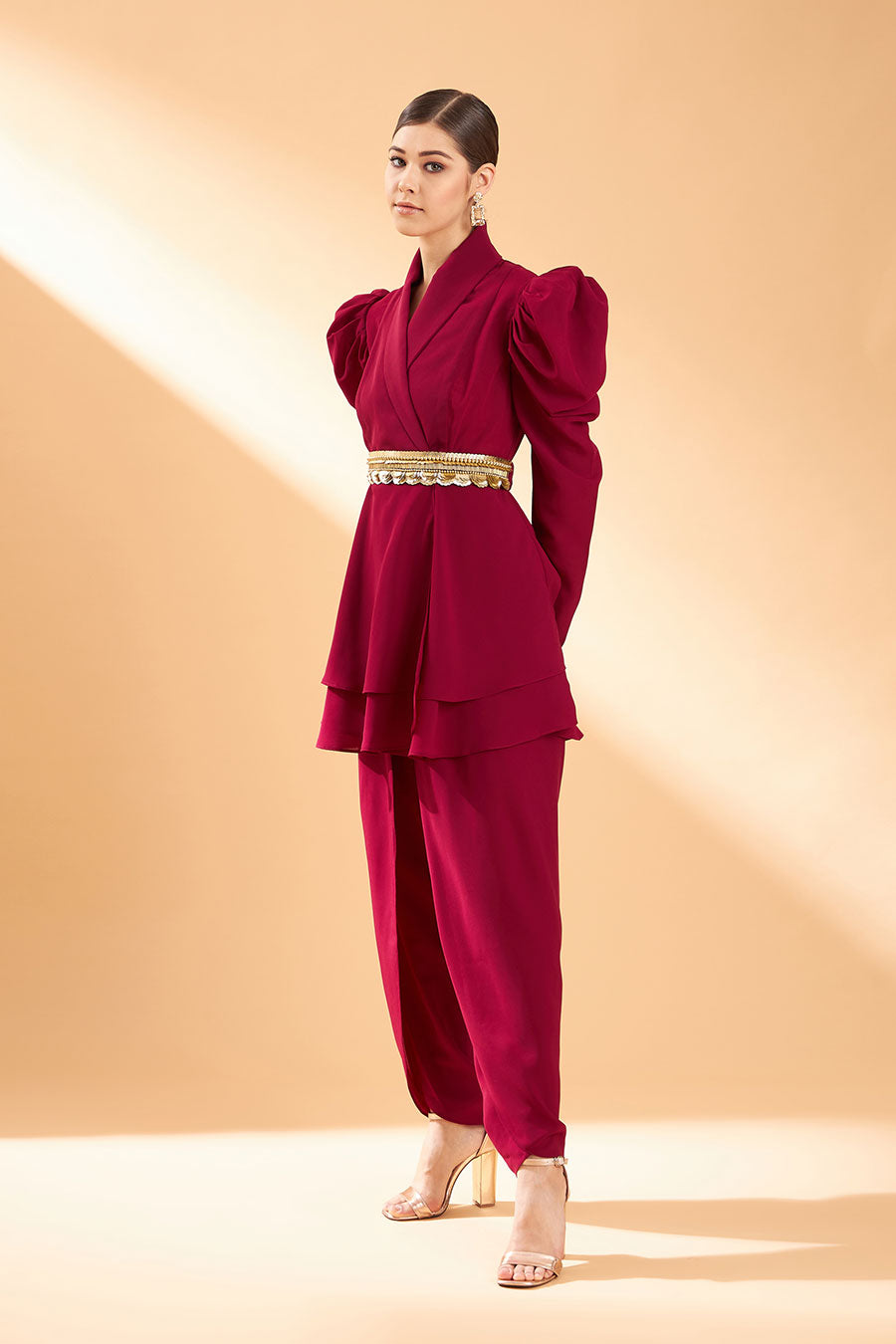 Wine Ornated Co-Ord Set With Belt