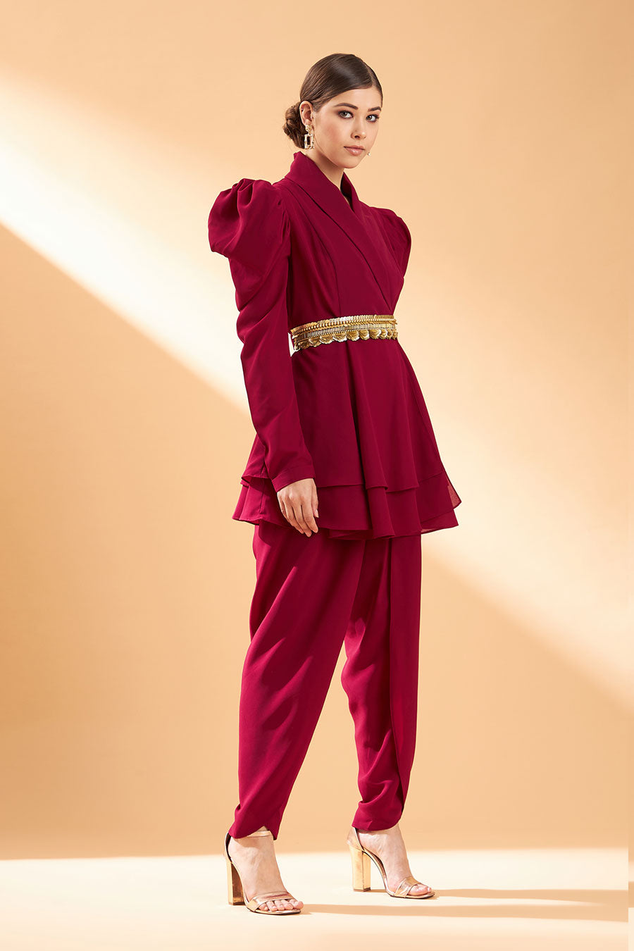 Wine Ornated Co-Ord Set With Belt